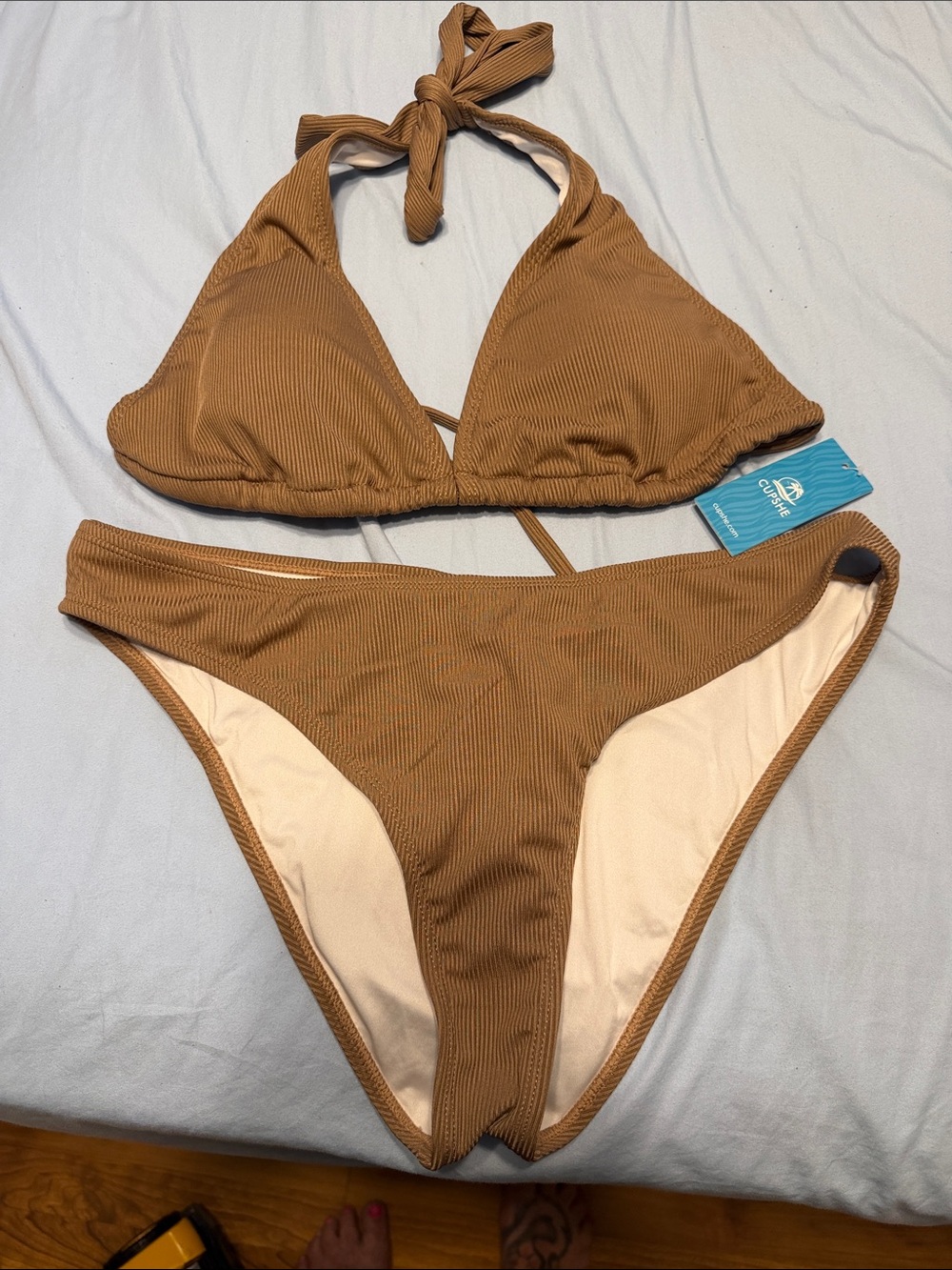 Cupshe Ribbed Triangle Bikini Set - Brown